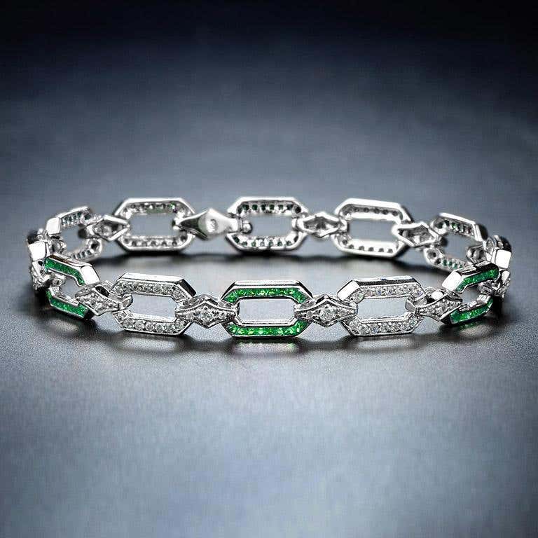 green emerald & diamond art deco style inspired link 14k white gold bracelet