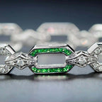 Green Emerald & Diamond Art Deco Style Inspired Link 14K White Gold Bracelet
