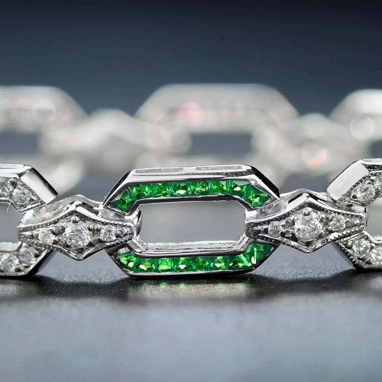 green emerald & diamond art deco style inspired link 14k white gold bracelet