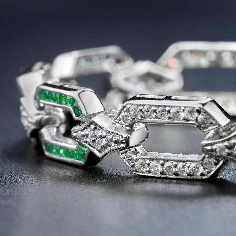 green emerald & diamond art deco style inspired link 14k white gold bracelet