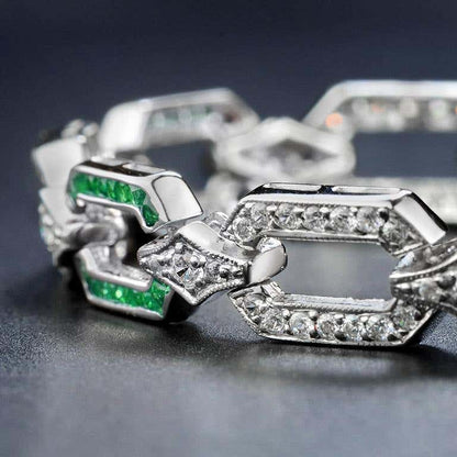 Green Emerald & Diamond Art Deco Style Inspired Link 14K White Gold Bracelet