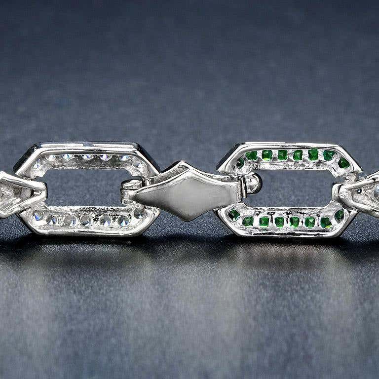 green emerald & diamond art deco style inspired link 14k white gold bracelet