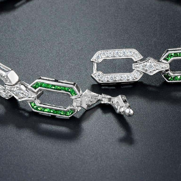 green emerald & diamond art deco style inspired link 14k white gold bracelet