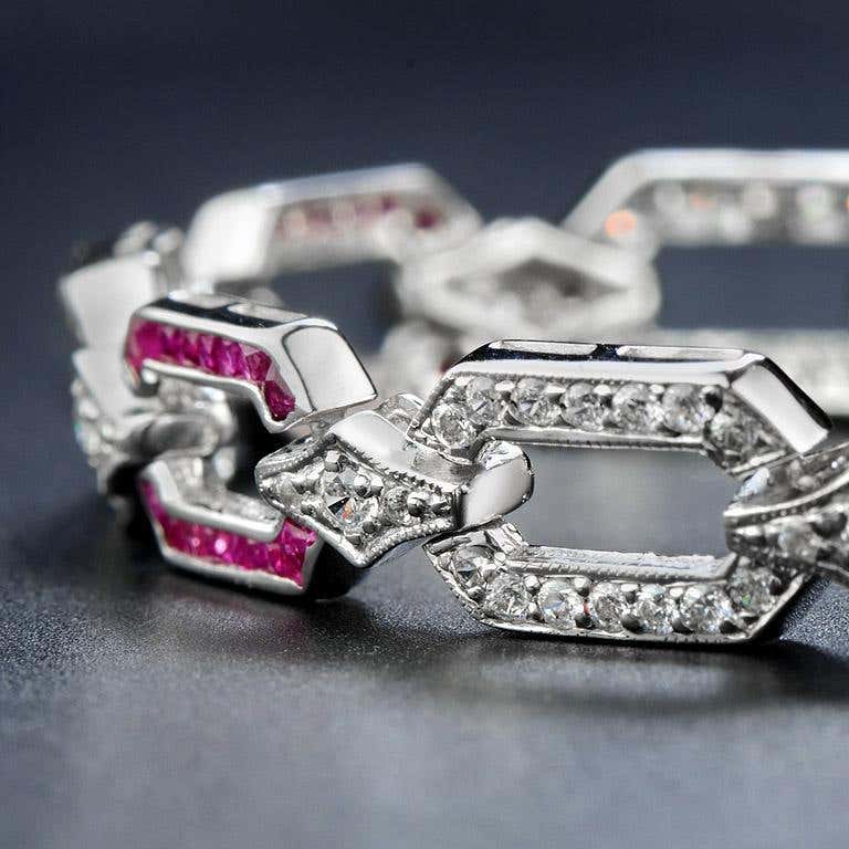 Pink Red Ruby & Diamond Art Deco Style Inspired Link 18K White Gold Bracelet