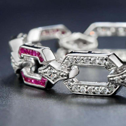 Pink Red Ruby & Diamond Art Deco Style Inspired Link 18K White Gold Bracelet