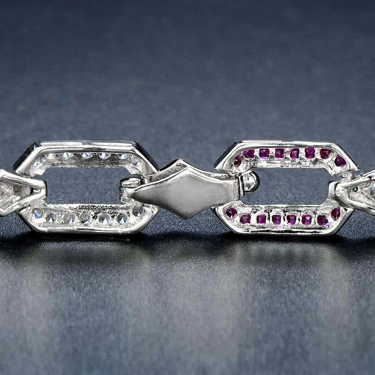 Pink Red Ruby & Diamond Art Deco Style Inspired Link 18K White Gold Bracelet