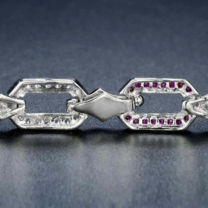 Pink Red Ruby & Diamond Art Deco Style Inspired Link 18K White Gold Bracelet