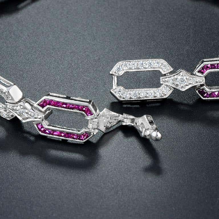 Pink Red Ruby & Diamond Art Deco Style Inspired Link 18K White Gold Bracelet