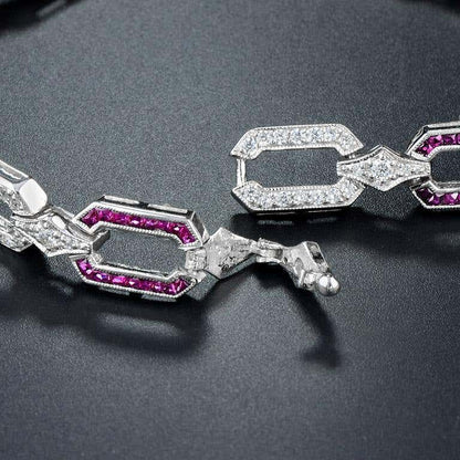 Pink Red Ruby & Diamond Art Deco Style Inspired Link 18K White Gold Bracelet