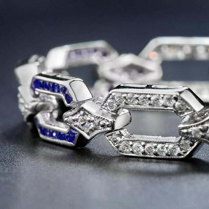Art Deco Inspired Style Blue Sapphire & Diamond Link White Gold Bracelet