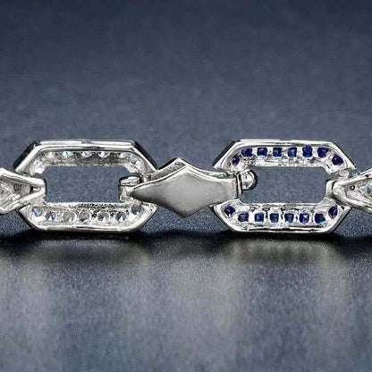 Art Deco Inspired Style Blue Sapphire & Diamond Link White Gold Bracelet