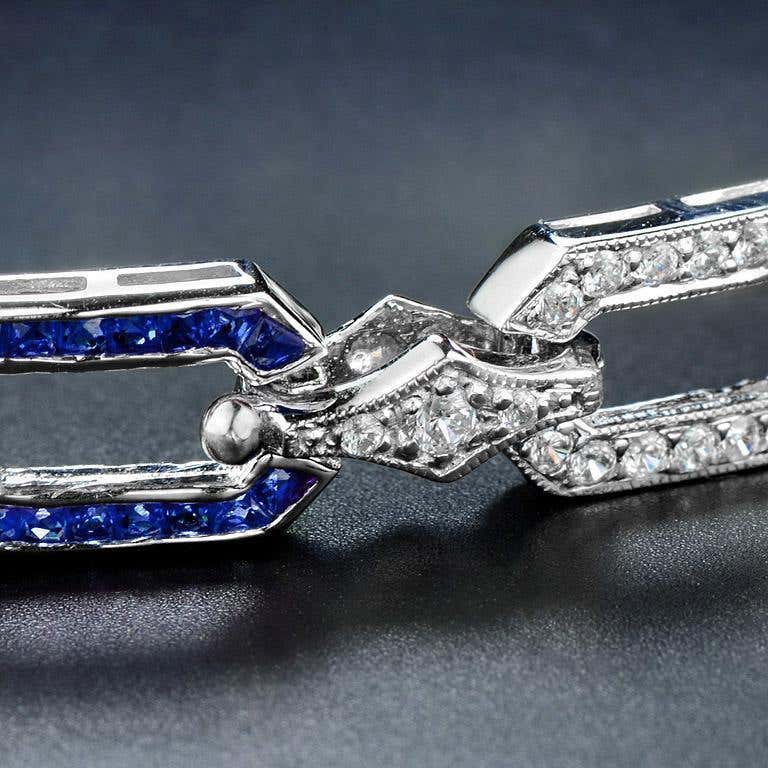 Art Deco Inspired Style Blue Sapphire & Diamond Link White Gold Bracelet