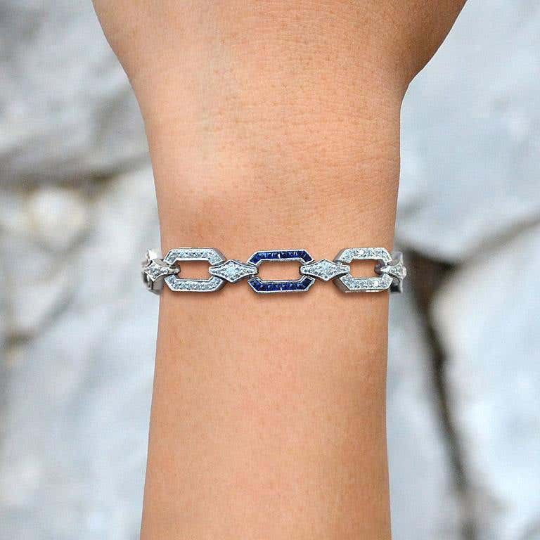 Art Deco Inspired Style Blue Sapphire & Diamond Link White Gold Bracelet