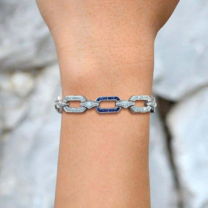 Art Deco Inspired Style Blue Sapphire & Diamond Link White Gold Bracelet
