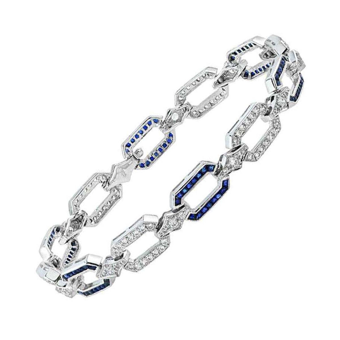 Art Deco Inspired Style Blue Sapphire & Diamond Link White Gold Bracelet