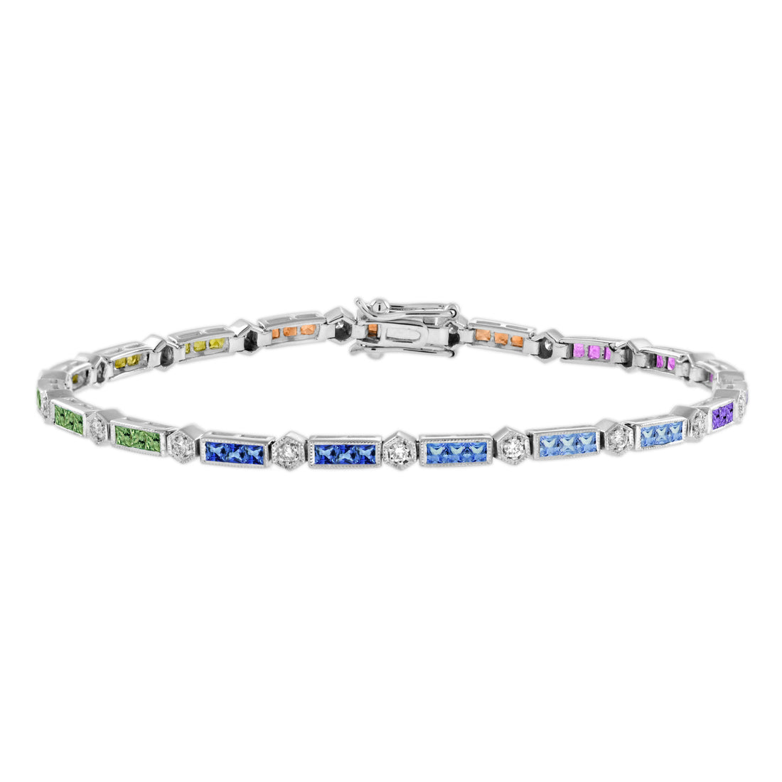 Diamond Square Rainbow Color Sapphire Tennis Line Link White Gold Bracelet