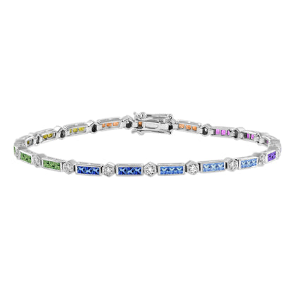 Diamond Square Rainbow Color Sapphire Tennis Line Link White Gold Bracelet