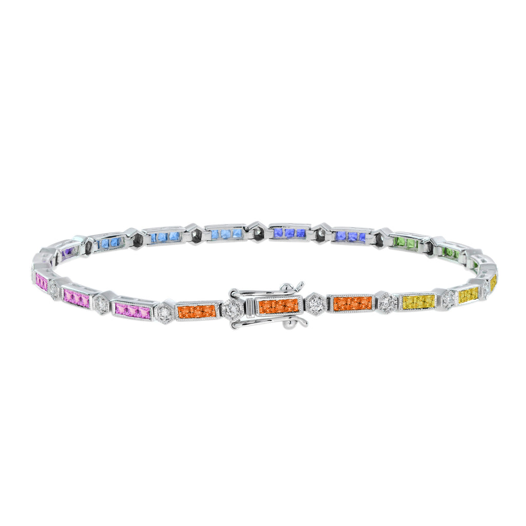 Diamond Square Rainbow Color Sapphire Tennis Line Link White Gold Bracelet