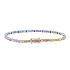 Diamond Square Rainbow Color Sapphire Tennis Line Link White Gold Bracelet