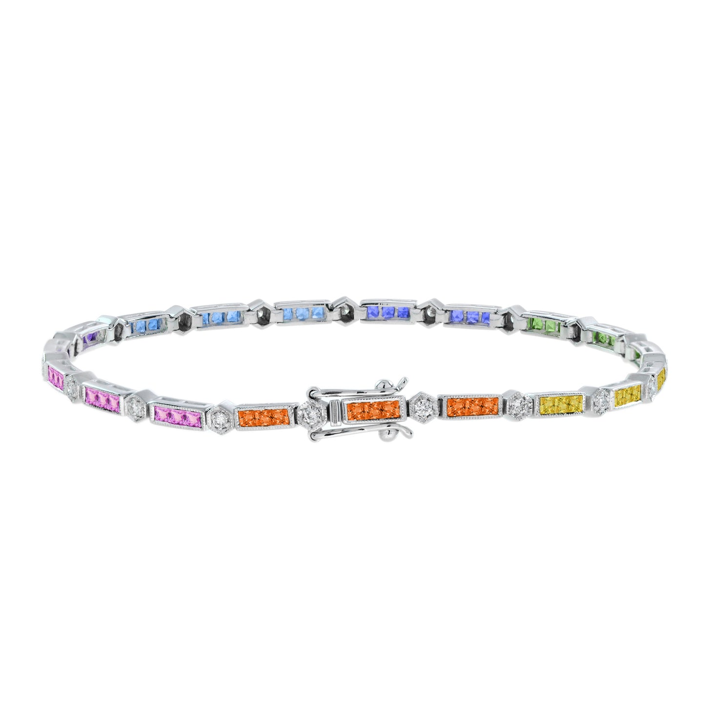 diamond square rainbow color sapphire tennis line link white gold bracelet