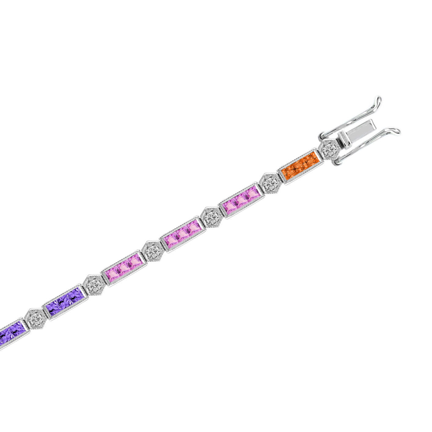 Diamond Square Rainbow Color Sapphire Tennis Line Link White Gold Bracelet