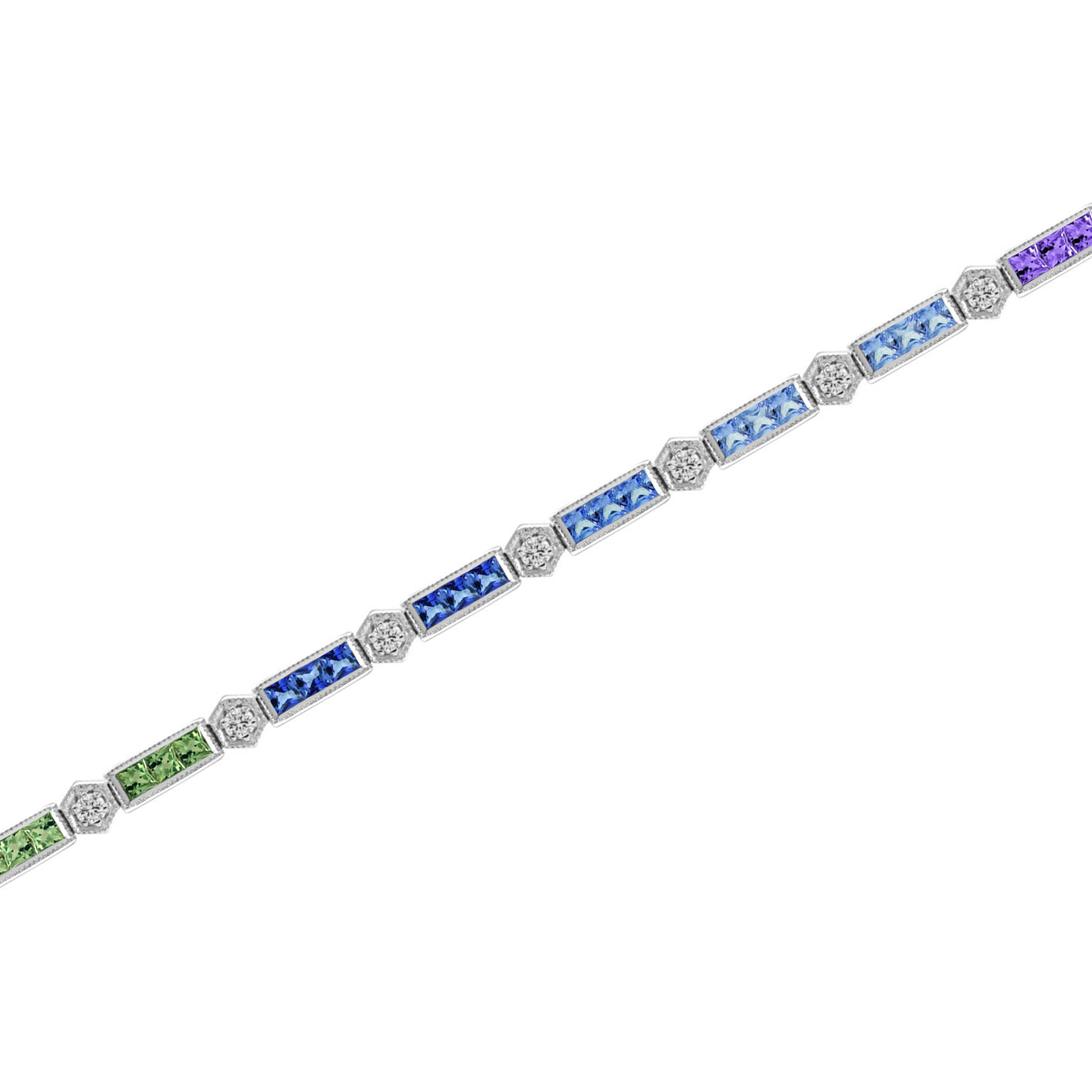 Diamond Square Rainbow Color Sapphire Tennis Line Link White Gold Bracelet