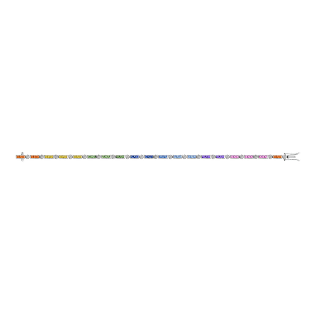 Diamond Square Rainbow Color Sapphire Tennis Line Link White Gold Bracelet