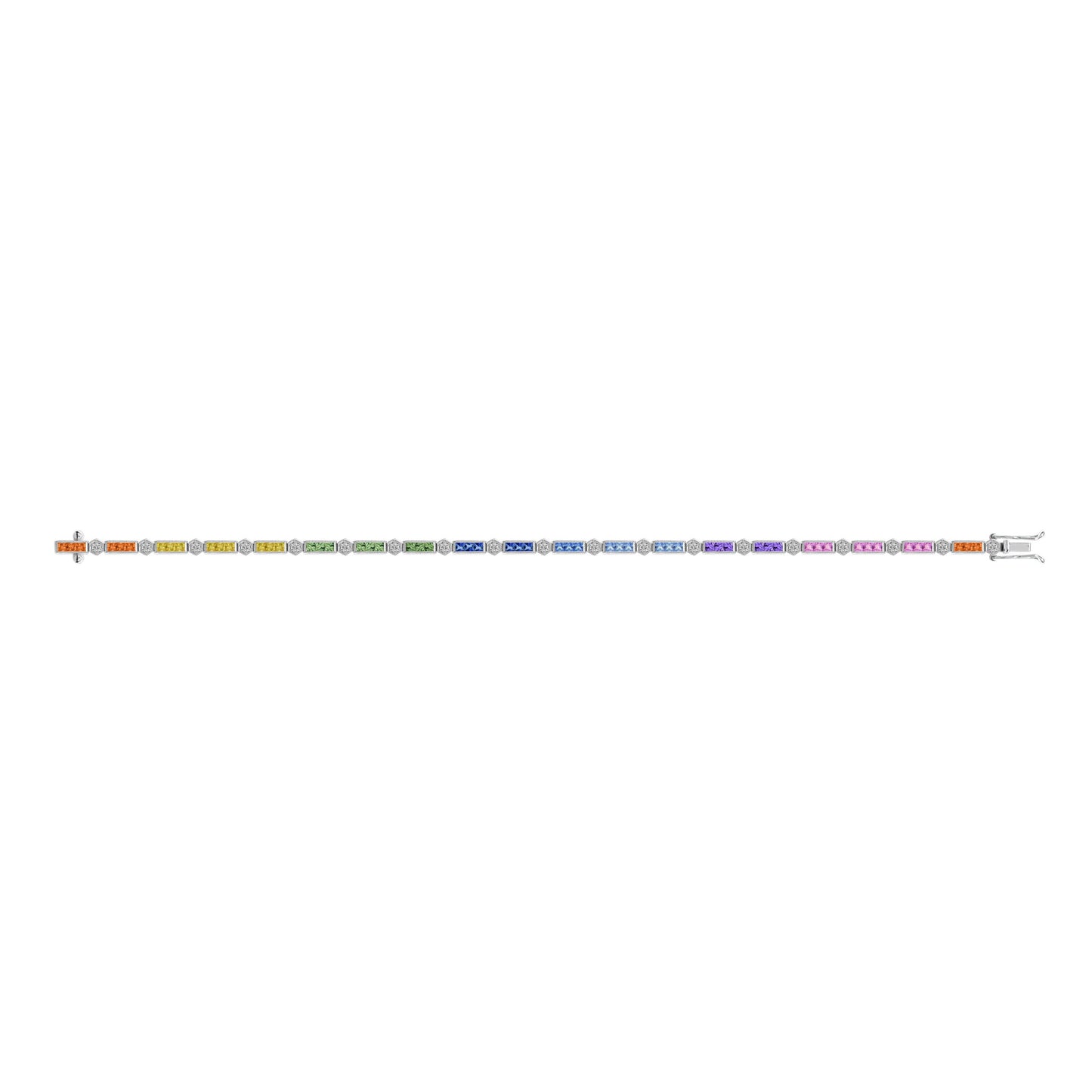 diamond square rainbow color sapphire tennis line link white gold bracelet