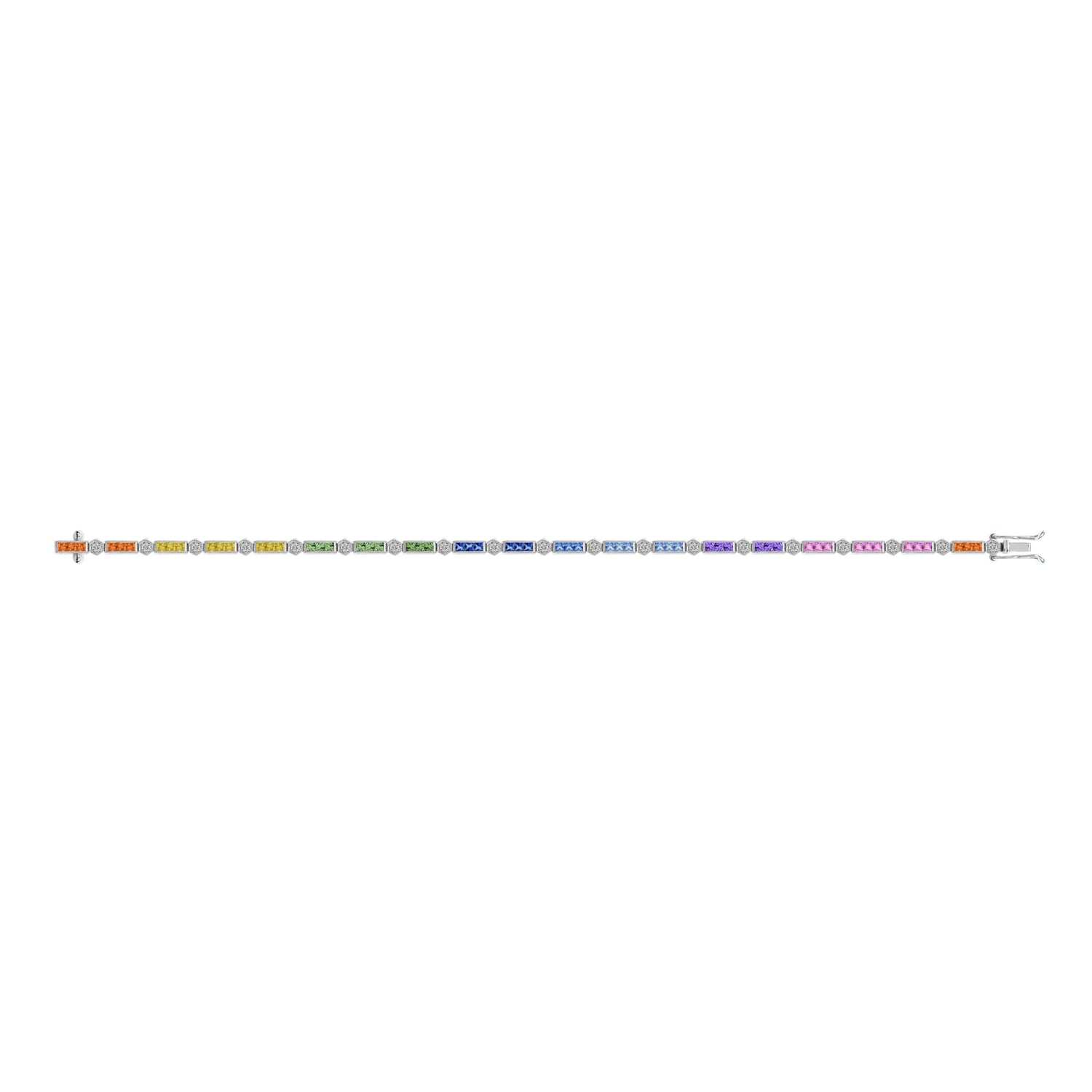 Diamond Square Rainbow Color Sapphire Tennis Line Link White Gold Bracelet