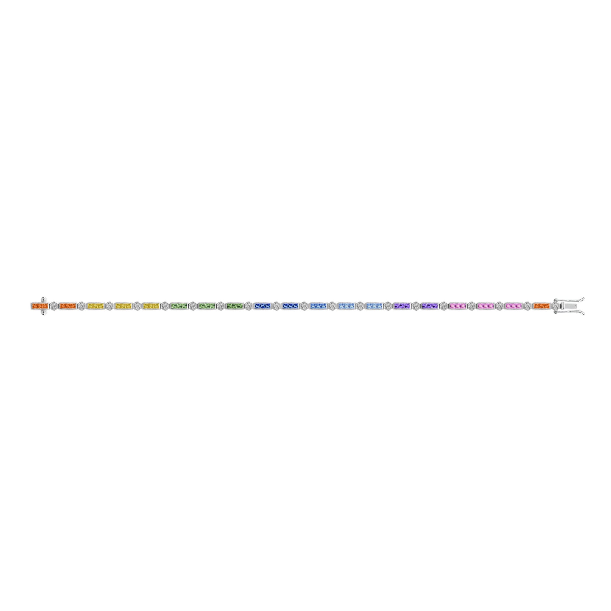 Diamond Square Rainbow Color Sapphire Tennis Line Link White Gold Bracelet