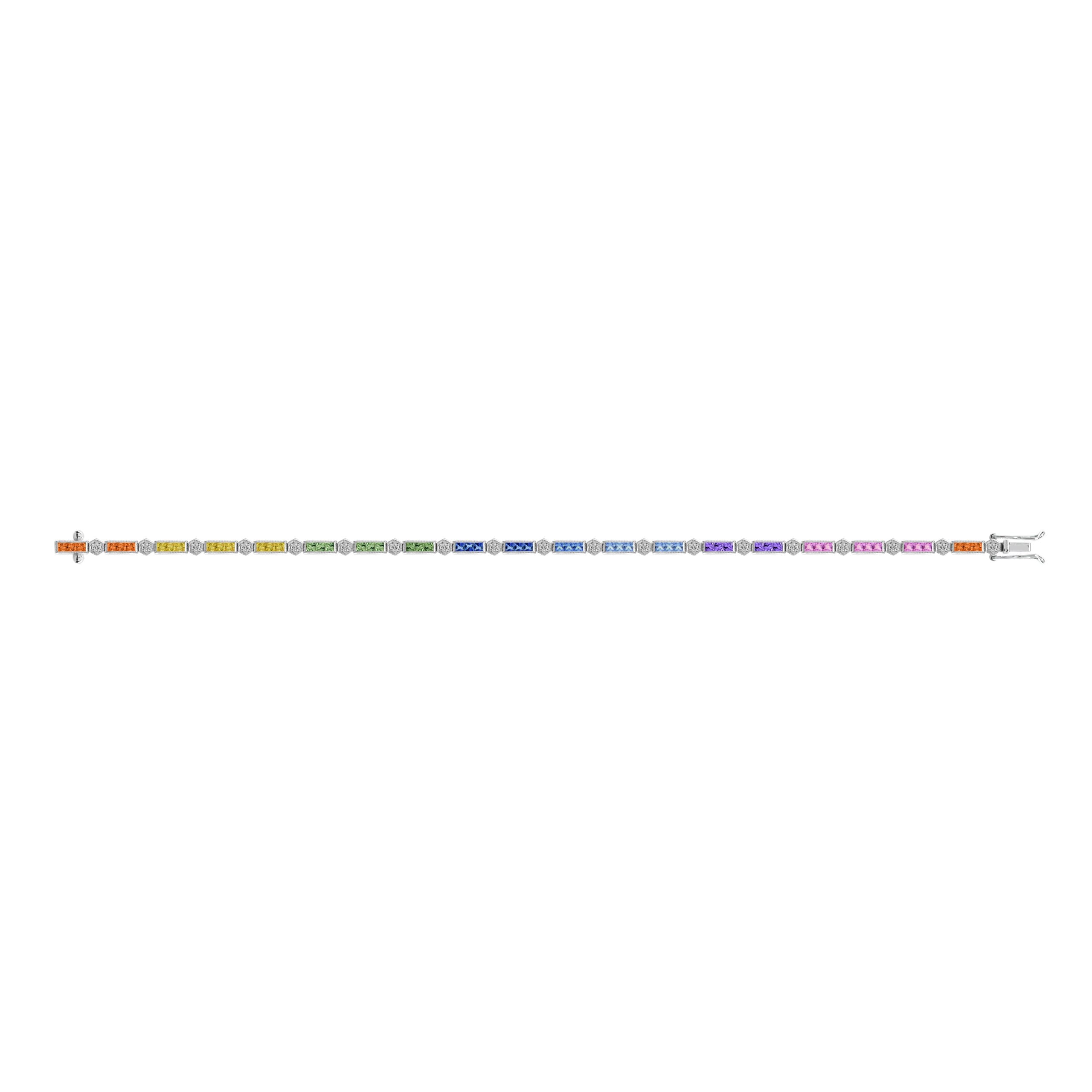 Diamond Square Rainbow Color Sapphire Tennis Line Link White Gold Bracelet