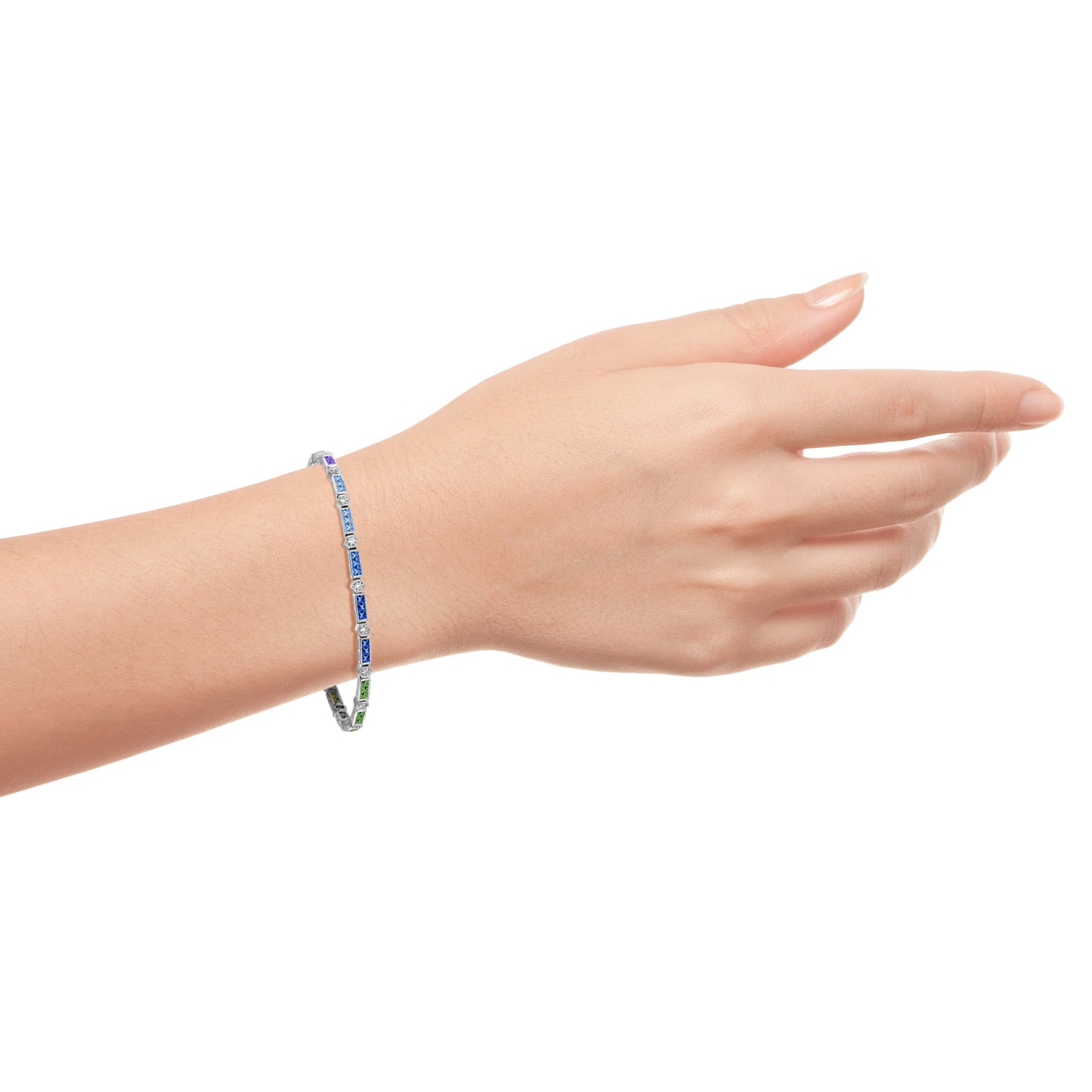 diamond square rainbow color sapphire tennis line link white gold bracelet