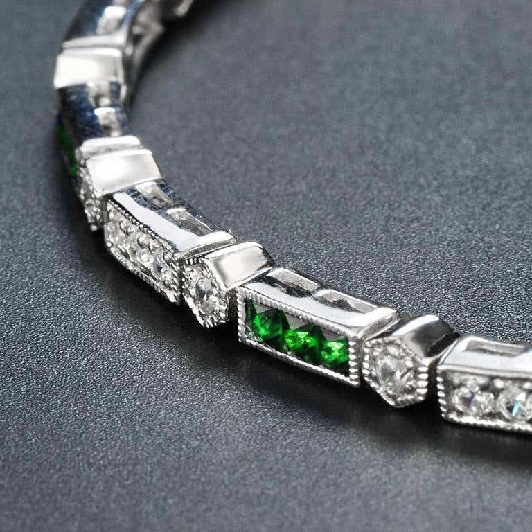 alternate row green emerald & diamond tennis line 14k white gold bracelet