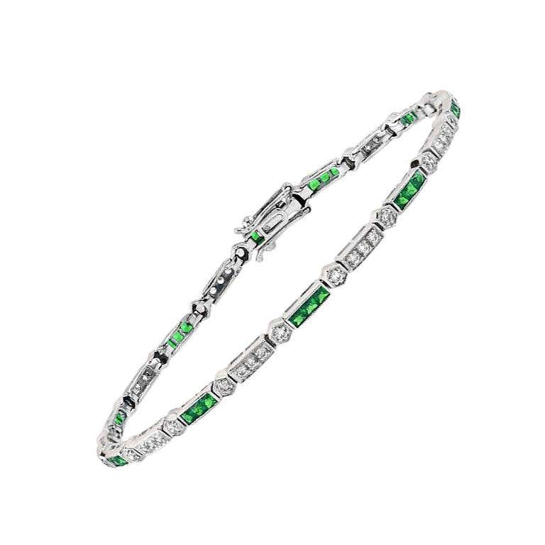 Alternate Row Green Emerald & Diamond Tennis Line 14K White Gold Bracelet