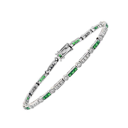 Alternate Row Green Emerald & Diamond Tennis Line 14K White Gold Bracelet