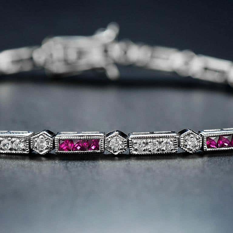 Alternate Triple Red Pink Ruby & Diamond Tennis Line 14K White Gold Bracelet