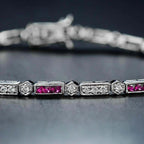 Alternate Triple Red Pink Ruby & Diamond Tennis Line 14K White Gold Bracelet
