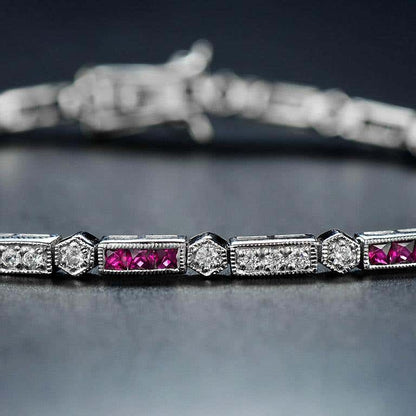 Alternate Triple Red Pink Ruby & Diamond Tennis Line 14K White Gold Bracelet
