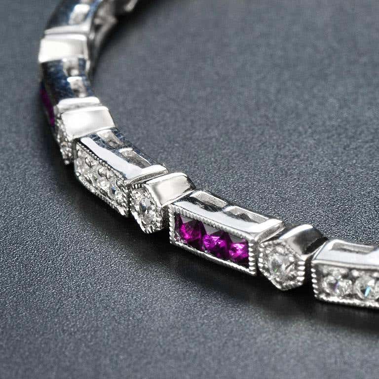 alternate triple red pink ruby & diamond tennis line 14k white gold bracelet