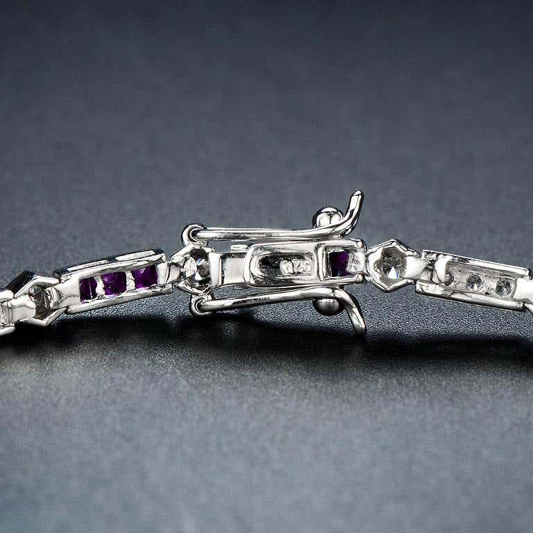 alternate triple red pink ruby & diamond tennis line 14k white gold bracelet