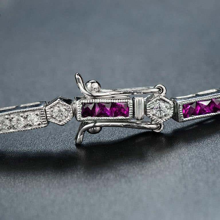 Alternate Triple Red Pink Ruby & Diamond Tennis Line 14K White Gold Bracelet