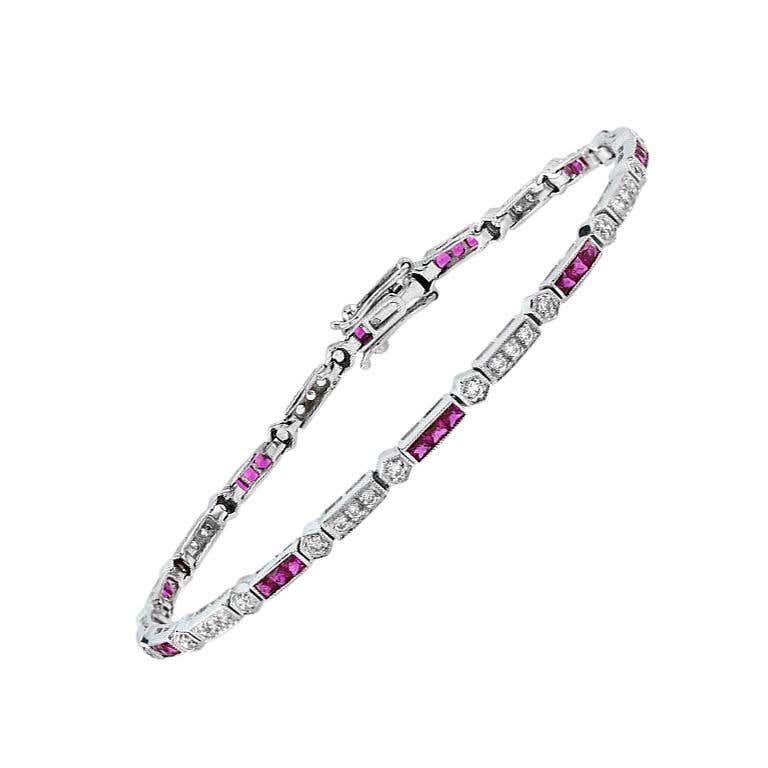 Alternate Triple Red Pink Ruby & Diamond Tennis Line 14K White Gold Bracelet