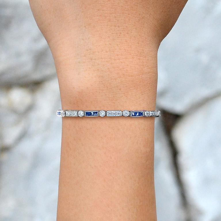 alternate square shape blue sapphire & diamond white gold tennis line bracelet