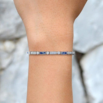 Alternate Square Shape Blue Sapphire & Diamond White Gold Tennis Line Bracelet