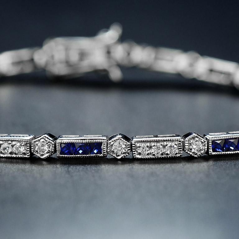 Alternate Square Shape Blue Sapphire & Diamond White Gold Tennis Line Bracelet