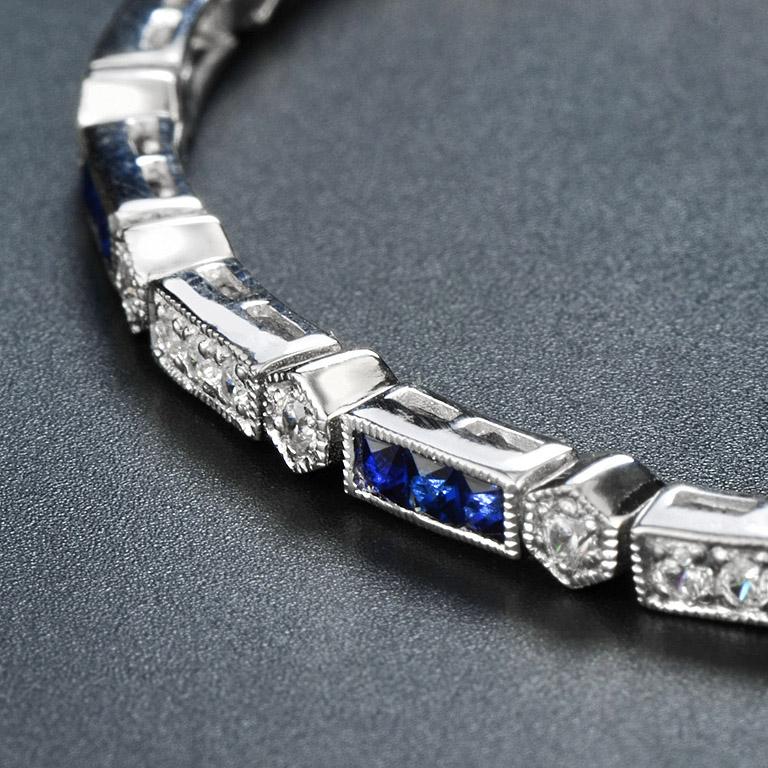 Alternate Square Shape Blue Sapphire & Diamond White Gold Tennis Line Bracelet