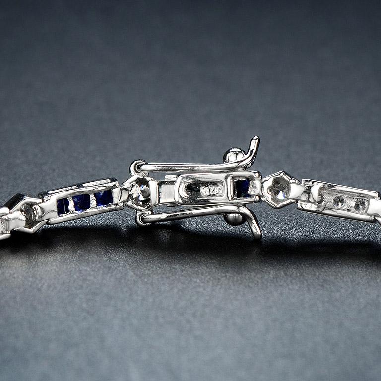 alternate square shape blue sapphire & diamond white gold tennis line bracelet