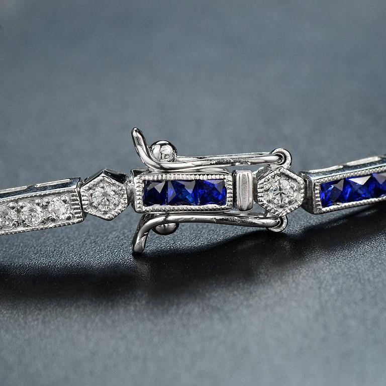 alternate square shape blue sapphire & diamond white gold tennis line bracelet