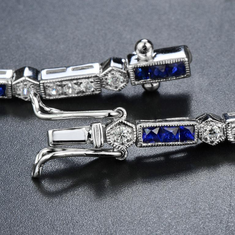 alternate square shape blue sapphire & diamond white gold tennis line bracelet