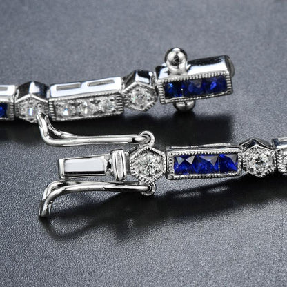 Alternate Square Shape Blue Sapphire & Diamond White Gold Tennis Line Bracelet